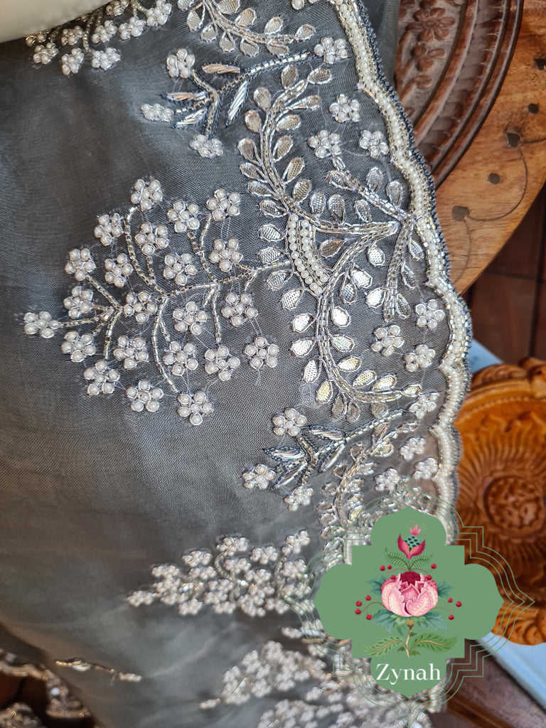 Zynah Grey Color Organza Silk Saree with Cut-dana Work, Pearls, Beads, Gotapatti Work; Custom Stitched/Ready-made Blouse, Fall, Petticoat; Shipping available USA, Worldwide