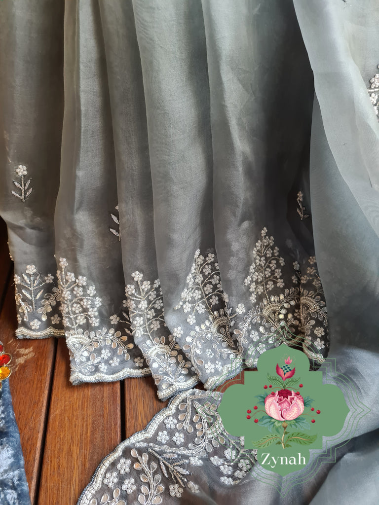 Zynah Grey Color Organza Silk Saree with Cut-dana Work, Pearls, Beads, Gotapatti Work; Custom Stitched/Ready-made Blouse, Fall, Petticoat; Shipping available USA, Worldwide