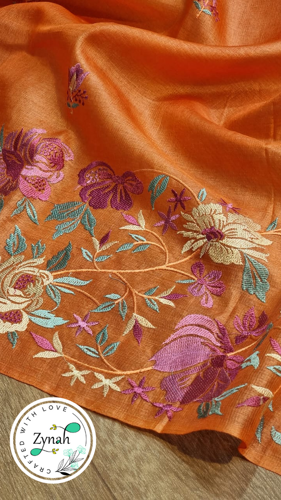 Zynah Orange Color Pure Tussar Silk Embroidered Saree with Vibrant Tassels; Custom Stitched/Ready-made Blouse, Fall, Petticoat; Shipping available USA, Worldwide