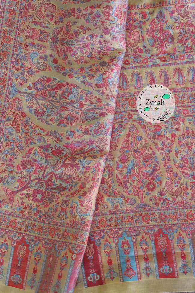 Zynah Pure Silk Kani Jamawar Saree with Grand Pallu & Border; Custom Stitched/Ready-made Blouse, Fall, Petticoat; Shipping available USA, Worldwide