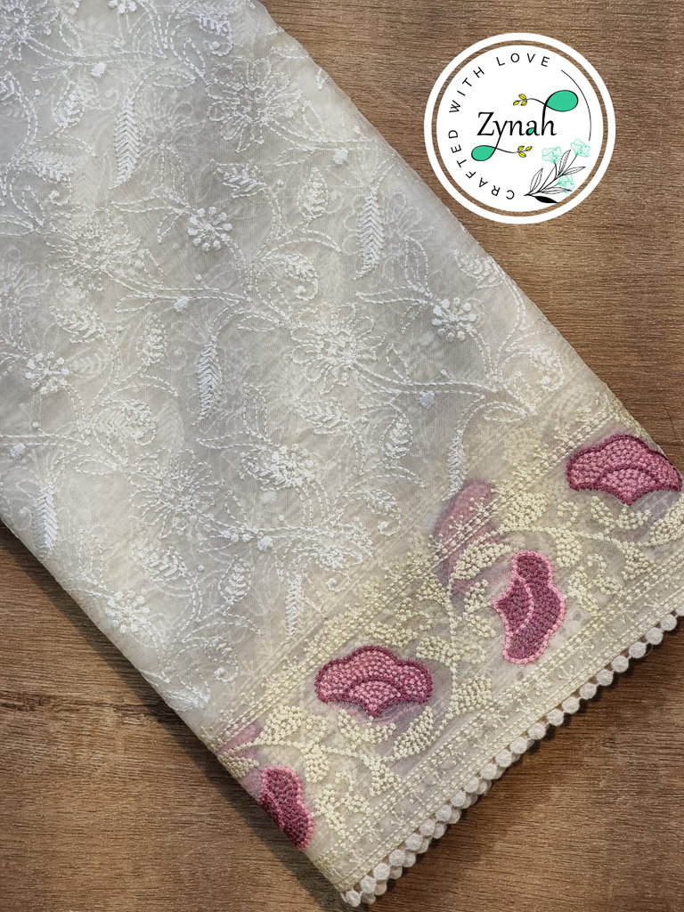 Zynah Off-White Color Pure Organza Silk Chikankari  Embroidery Saree with Crochet Lace  in Pastel Shades; Available in many colors; stitched readymade blouse,fall,petticoat,available in USA