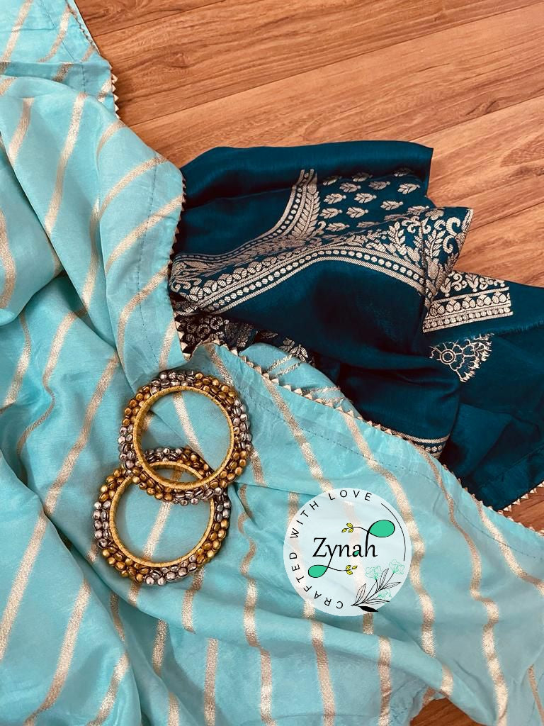 Zynah Pure Munga Silk Saree with Diagonal Stripes, Lehariya Style Weaving & Lace Border; Custom Stitched/Ready-made Blouse, Fall, Petticoat; Shipping available USA, Worldwide