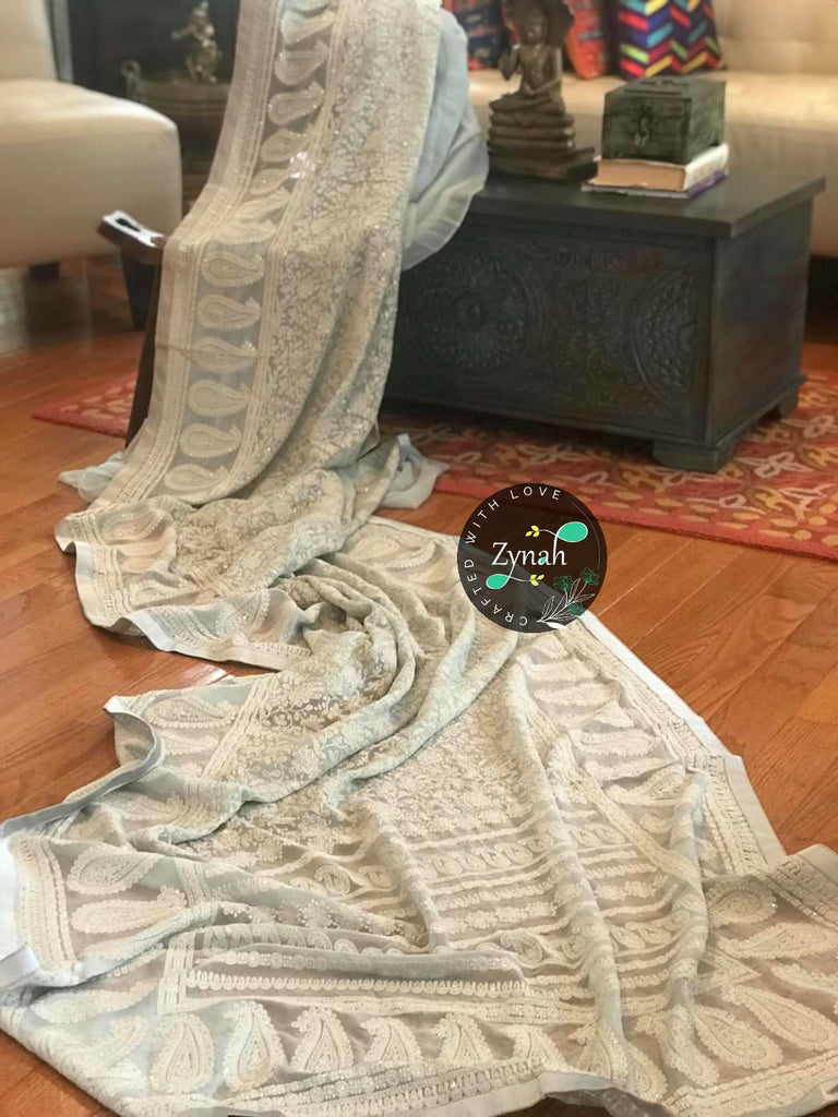 Zynah Pure Georgette Saree with Chikankari & Sequence Work; Custom Stitched/Ready-made Blouse, Fall, Petticoat; Shipping available USA, Worldwide