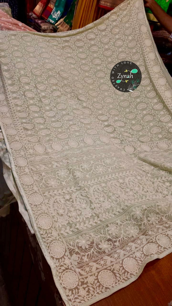 Zynah Pure Georgette Saree with Chikankari, zari & Sequence Work; Custom Stitched/Ready-made Blouse, Fall, Petticoat; Shipping available USA, Worldwide