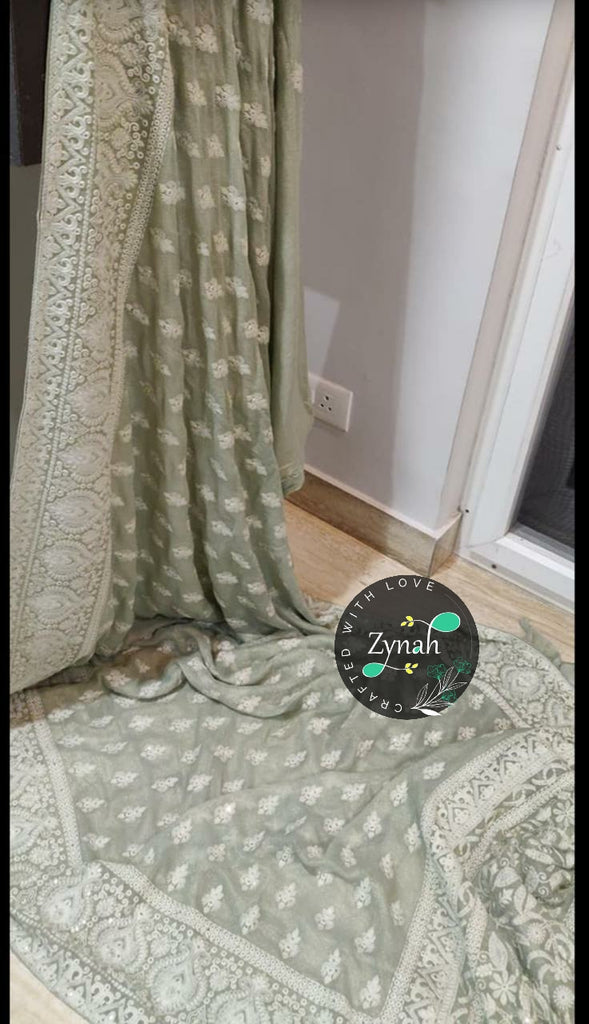 Zynah Pure Georgette Saree with Chikankari & Sequence work; Custom Stitched/Ready-made Blouse, Fall, Petticoat; Shipping available USA, Worldwide