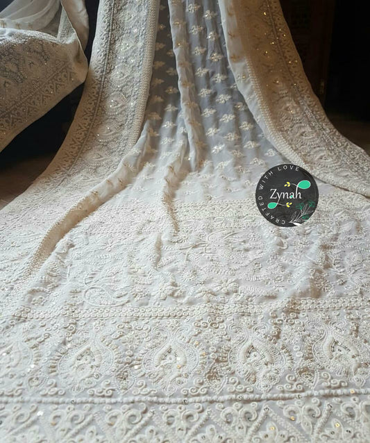 Zynah Pure Georgette Saree with Chikankari & Sequence work; Custom Stitched/Ready-made Blouse, Fall, Petticoat; Shipping available USA, Worldwide