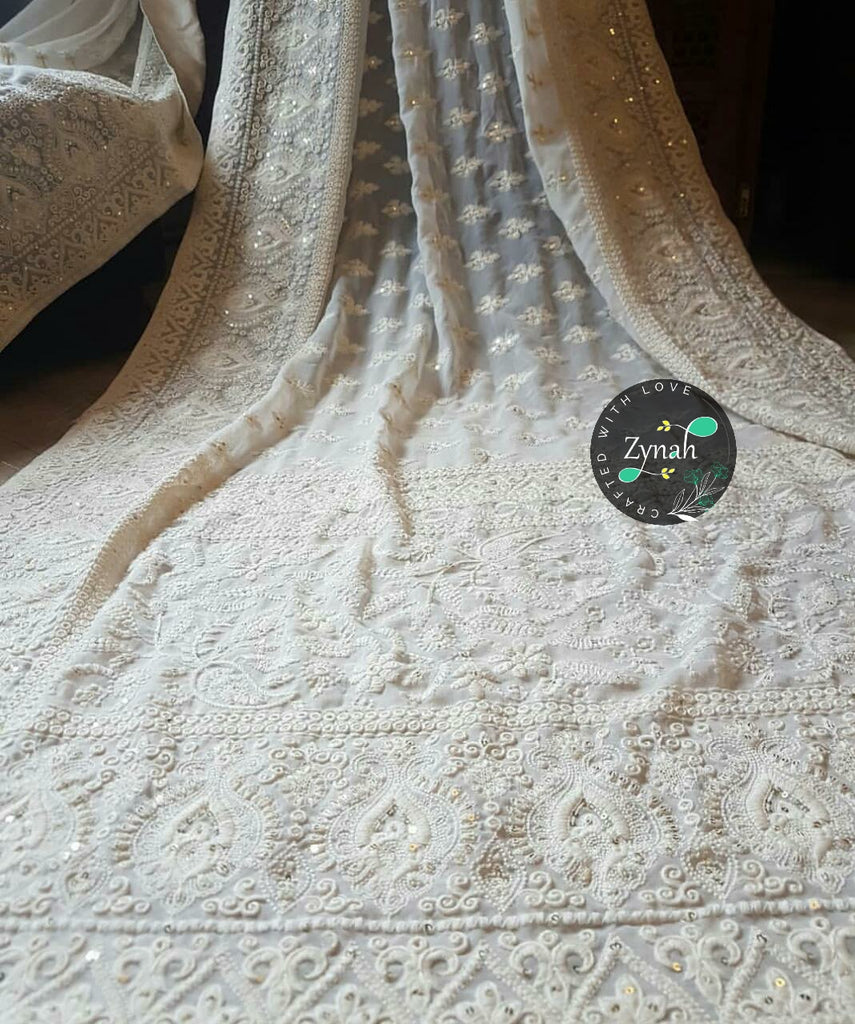 Zynah Pure Georgette Saree with Chikankari & Sequence work; Custom Stitched/Ready-made Blouse, Fall, Petticoat; Shipping available USA, Worldwide
