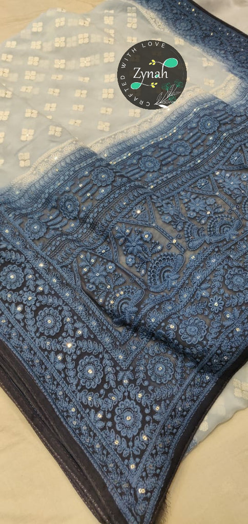 Zynah Pure Georgette Double-shaded Chikankari Saree with Sequence work; Custom Stitched/Ready-made Blouse, Fall, Petticoat; Shipping available USA, Worldwide