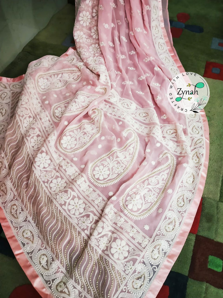 Zynah Pure Georgette Chikankari Saree with Sequence work; Custom Stitched/Ready-made Blouse, Fall, Petticoat; Shipping available USA, Worldwide
