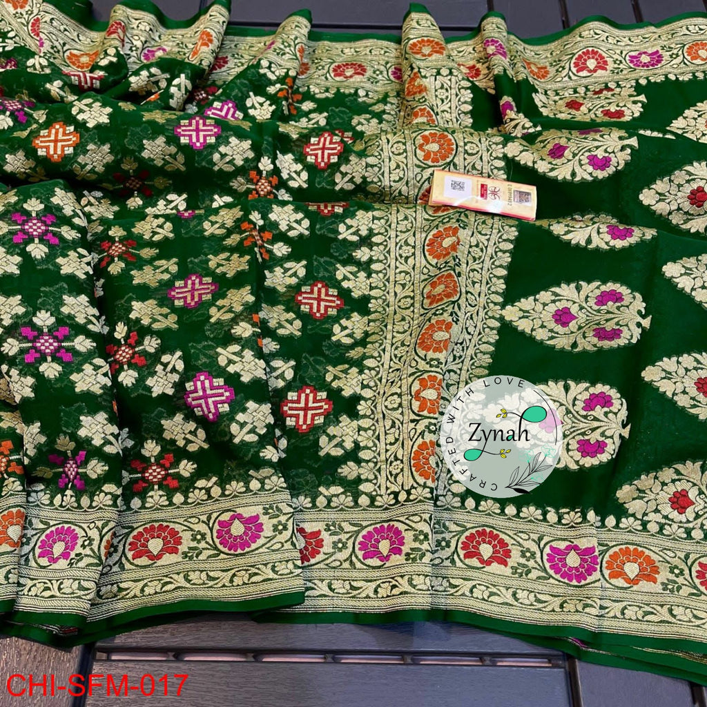 Zynah Pure Khaddi Georgette Meenakari Saree with Golden Zari Weave; Custom Stitched/Ready-made Blouse, Fall, Petticoat; Shipping available USA, Worldwide