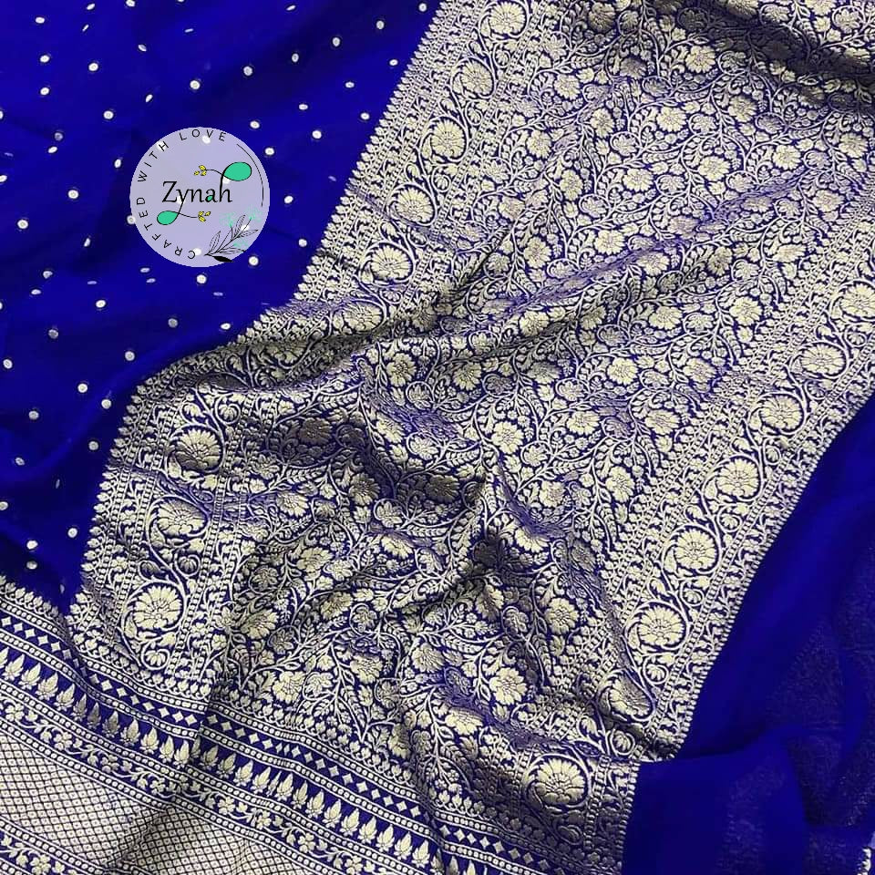 Zynah Pure Khaddi Georgette Saree with Golden Zari Weave; Custom Stitched/Ready-made Blouse, Fall, Petticoat; Shipping available USA, Worldwide