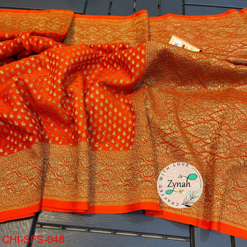 Zynah Pure Khaddi Georgette Saree with Golden Zari Weave; Custom Stitched/Ready-made Blouse, Fall, Petticoat; Shipping available USA, Worldwide