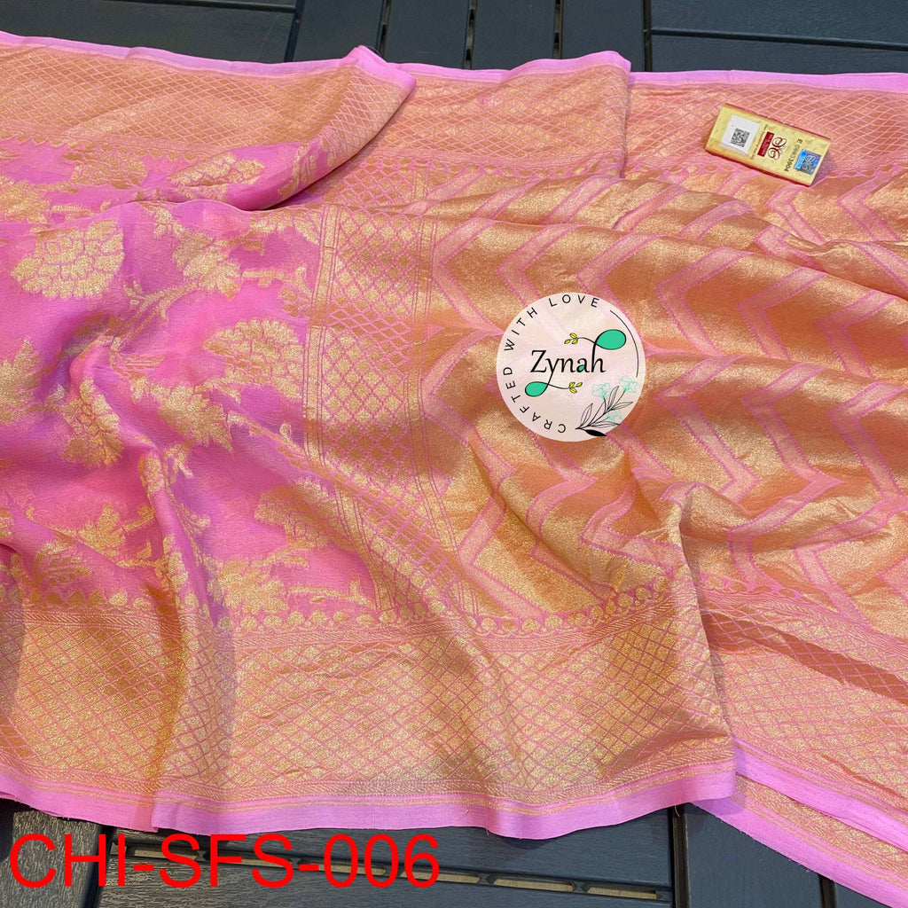 Zynah Pure Khaddi Georgette Saree with Golden Zari Weave; Custom Stitched/Ready-made Blouse, Fall, Petticoat; Shipping available USA, Worldwide