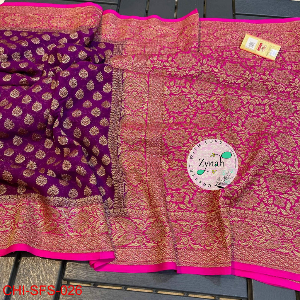 Zynah Pure Khaddi Georgette Saree with Golden Zari Weave; Custom Stitched/Ready-made Blouse, Fall, Petticoat; Shipping available USA, Worldwide