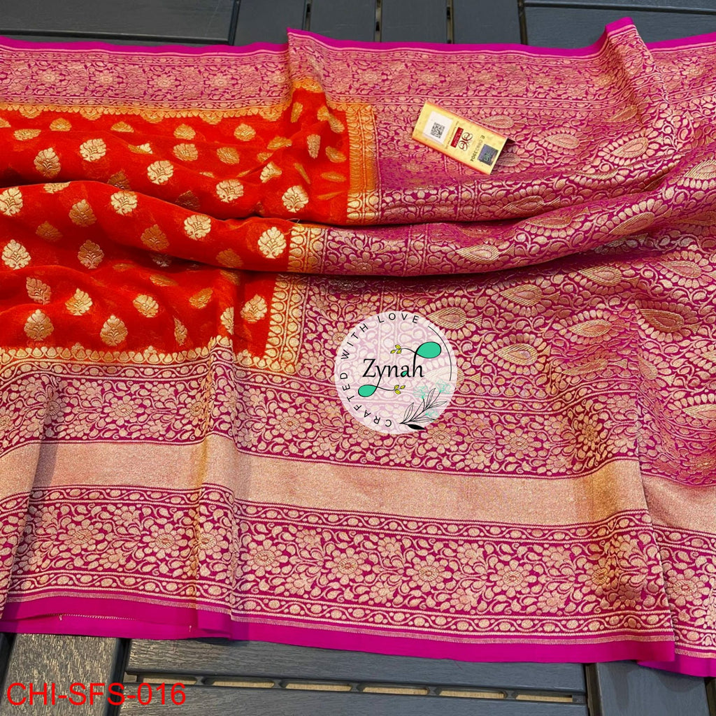 Zynah Pure Khaddi Georgette Saree with Golden Zari; Custom Stitched/Ready-made Blouse, Fall, Petticoat; Shipping available USA, Worldwide