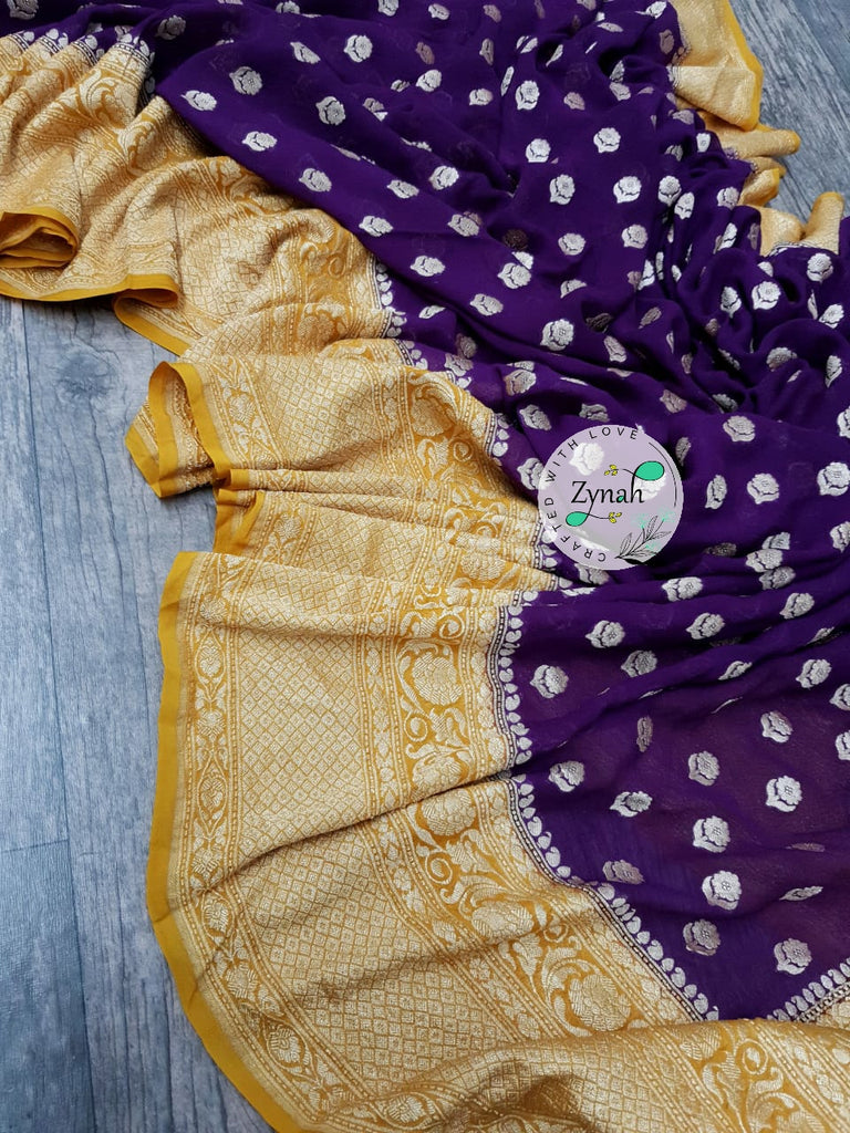 Zynah Pure Khaddi Georgette Saree with Golden Zari Weave; Custom Stitched/Ready-made Blouse, Fall, Petticoat; Shipping available USA, Worldwide