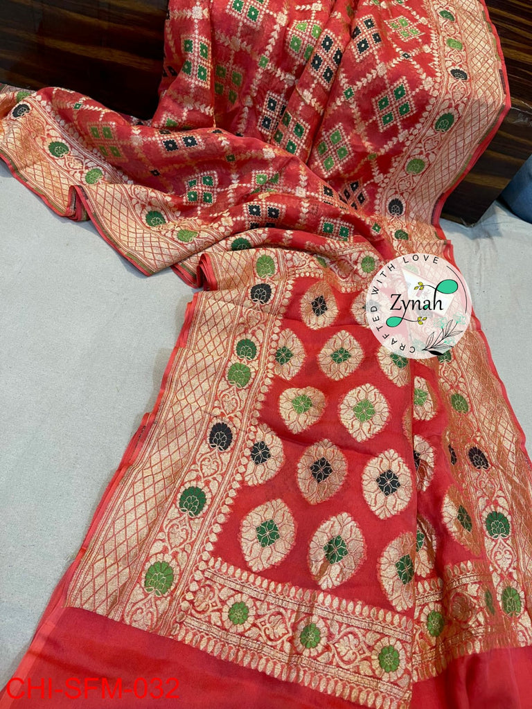 Zynah Pure Khaddi Georgette Meenakari Saree with Golden Zari Weave; Custom Stitched/Ready-made Blouse, Fall, Petticoat; Shipping available USA, Worldwide