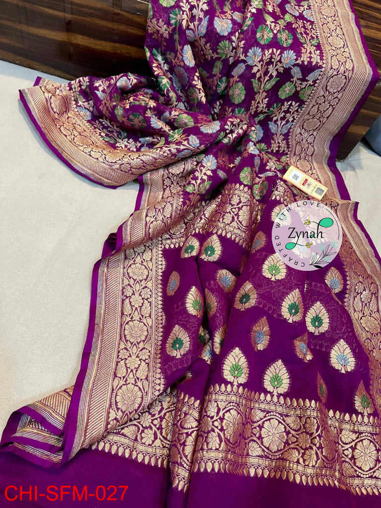 Zynah Pure Khaddi Georgette Meenakari Saree with Golden Zari Weave; Custom Stitched/Ready-made Blouse, Fall, Petticoat; Shipping available USA, Worldwide