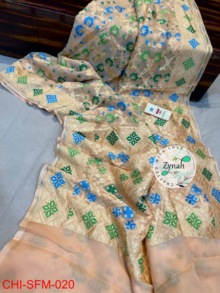 Zynah Pure Khaddi Georgette Meenakari Saree with Golden Zari Weave; Custom Stitched/Ready-made Blouse, Fall, Petticoat; Shipping available USA, Worldwide