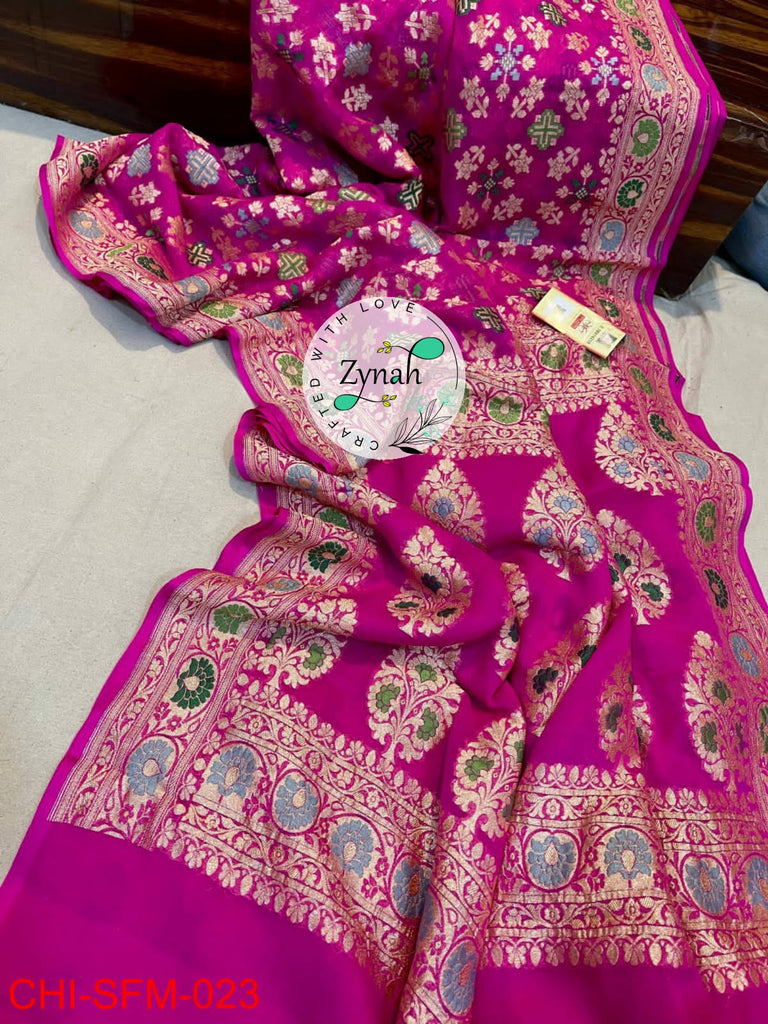 Zynah Pure Khaddi Georgette Meenakari Saree with Golden Zari Weave; Custom Stitched/Ready-made Blouse, Fall, Petticoat; Shipping available USA, Worldwide