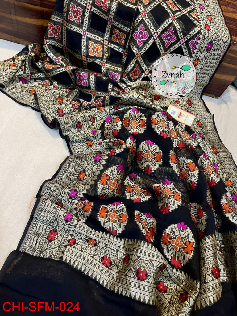 Zynah Pure Khaddi Georgette Meenakari Saree with Golden Zari Weave; Custom Stitched/Ready-made Blouse, Fall, Petticoat; Shipping available USA, Worldwide