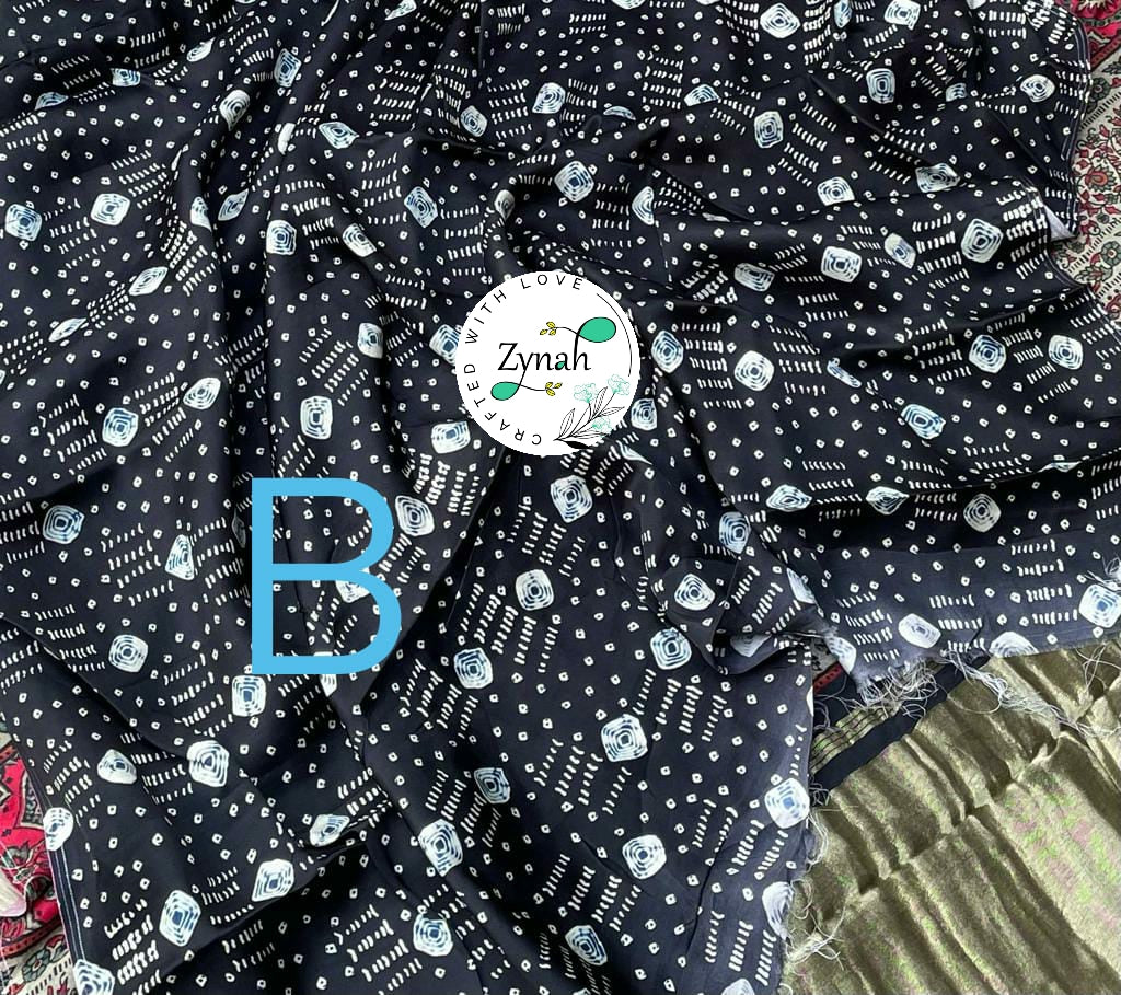 Zynah Pure Gajji Silk Saree with Bandhani & Ajrakh Prints, Tissue Zari Pallu; Custom Stitched/Ready-made Blouse, Fall, Petticoat; Shipping available USA, Worldwide