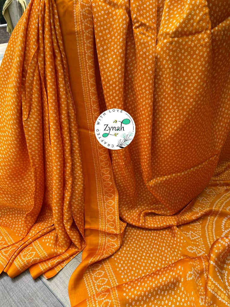 Zynah Pure Gajji Silk Bandhani Saree with Tissue Zari Pallu; Custom Stitched/Ready-made Blouse, Fall, Petticoat; Shipping available USA, Worldwide