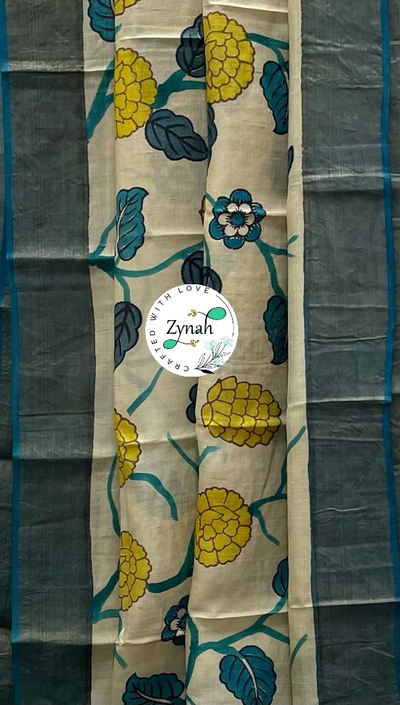 Zynah Pure Tussar Silk Hand-painted Kalamkari Saree; Custom Stitched/Ready-made Blouse, Fall, Petticoat; Shipping available USA, Worldwide