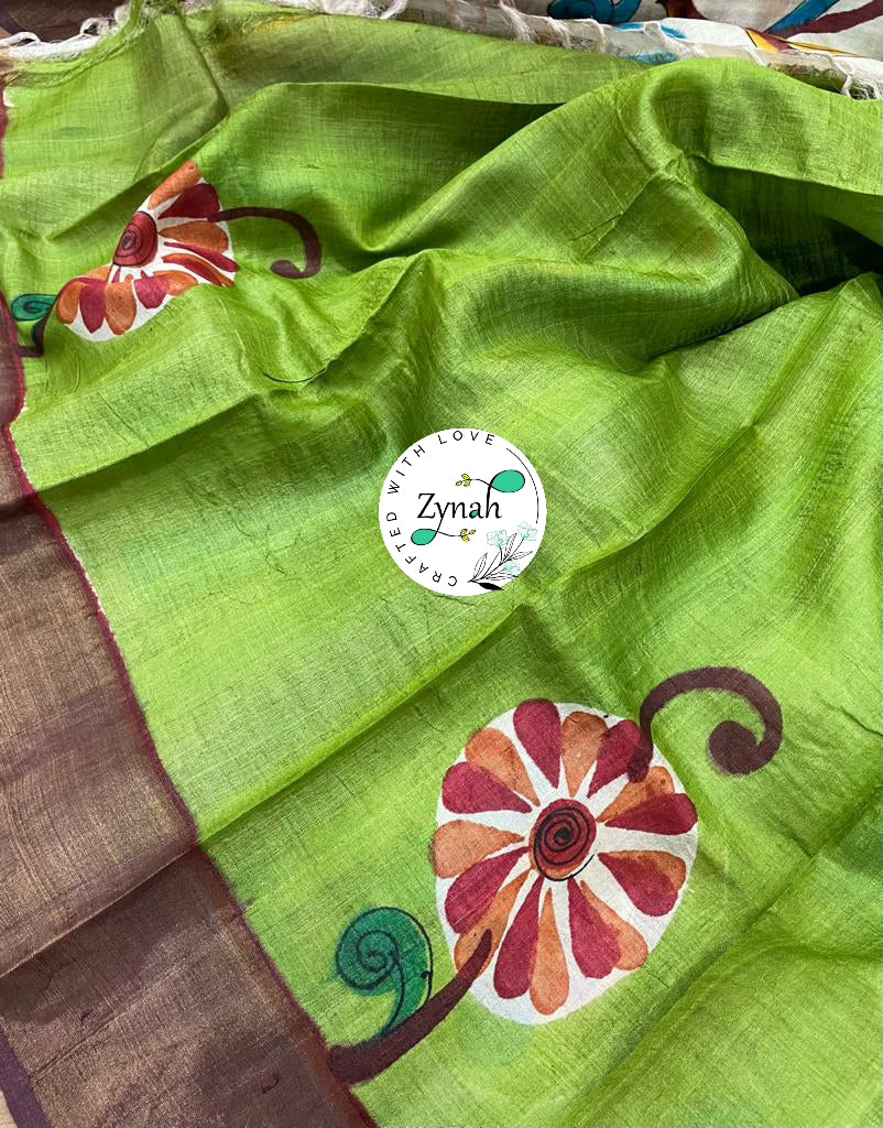 Zynah Pure Tussar Silk Hand-painted Kalamkari Saree; Custom Stitched/Ready-made Blouse, Fall, Petticoat; Shipping available USA, Worldwide