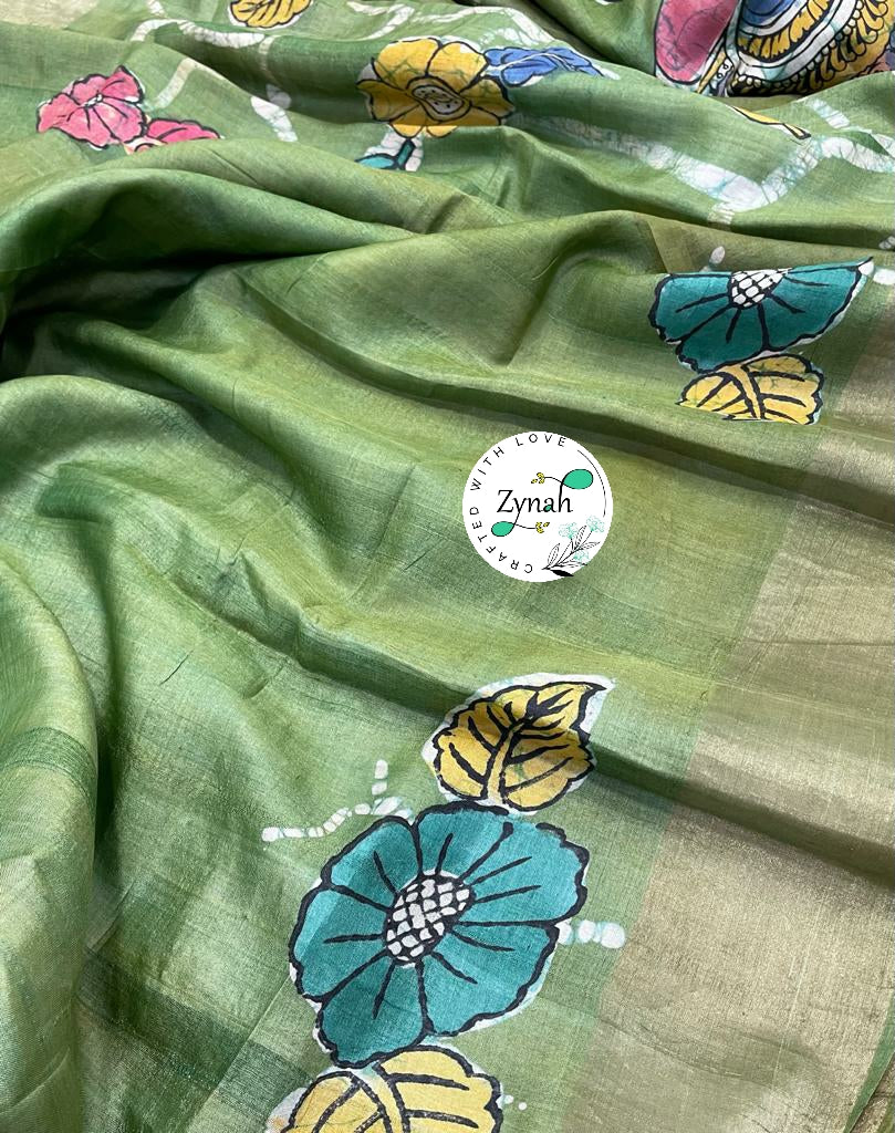 Zynah Pure Tussar Silk Hand-painted Kalamkari Saree; Custom Stitched/Ready-made Blouse, Fall, Petticoat; Shipping available USA, Worldwide