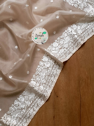 Zynah Pure Organza Silk Saree with Parsi Gara Embroidery & Crochet Lace; Custom Stitched/Ready-made Blouse, Fall, Petticoat; Shipping available USA, Worldwide