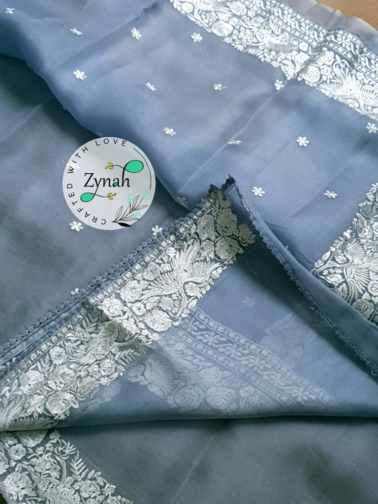 Zynah Pure Organza Silk Saree with Parsi Gara Embroidery & Crochet Lace; Custom Stitched/Ready-made Blouse, Fall, Petticoat; Shipping available USA, Worldwide