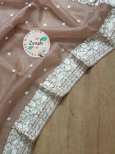 Zynah Pure Organza Silk Saree with Parsi Gara Embroidery & Crochet Lace; Custom Stitched/Ready-made Blouse, Fall, Petticoat; Shipping available USA, Worldwide