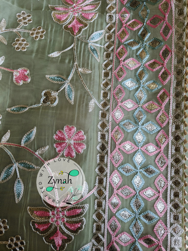 Zynah Pure Organza Silk Saree with Gotapatti Lace, Foil & Thread Embroidery Work; Custom Stitched/Ready-made Blouse, Fall, Petticoat; Shipping available USA, Worldwide