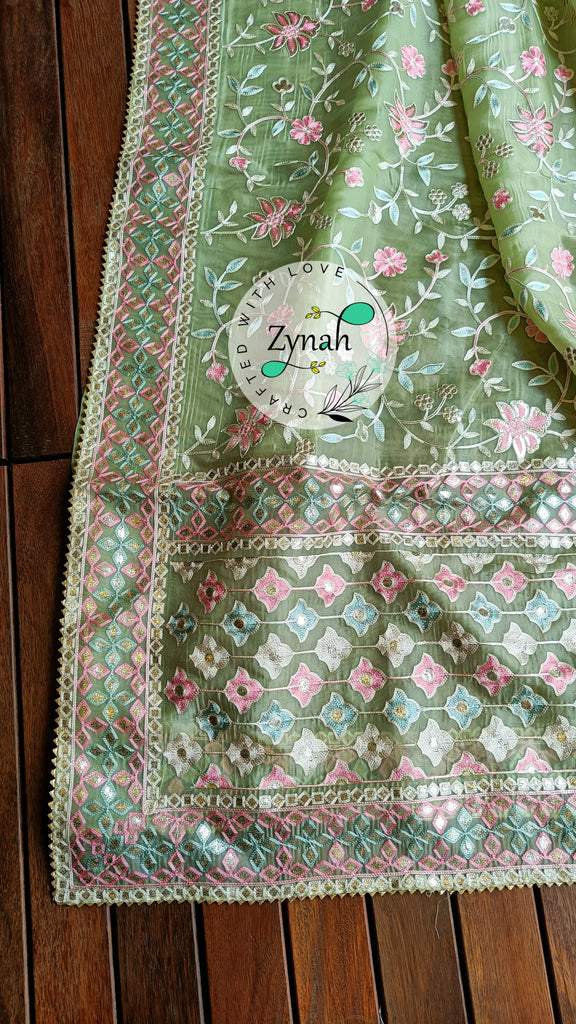Zynah Pure Organza Silk Saree with Gotapatti Lace, Foil & Thread Embroidery Work; Custom Stitched/Ready-made Blouse, Fall, Petticoat; Shipping available USA, Worldwide