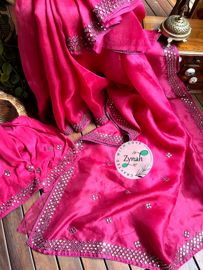 Zynah Pure Organza Silk Saree with Mirror Kutchi Work; Custom Stitched/Ready-made Blouse, Fall, Petticoat; Shipping available USA, Worldwide