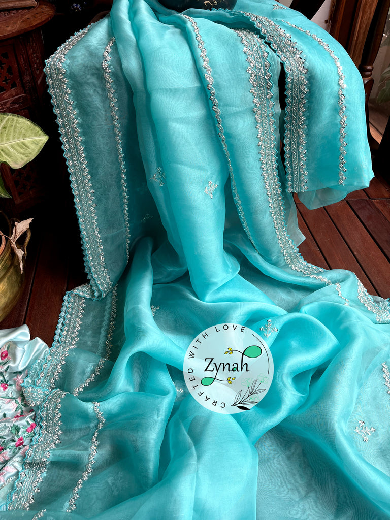 Zynah Light Blue Color Pure Organza Silk Saree with Sequence, Pearls & Cut-dana Work; Custom Stitched/Ready-made Blouse, Fall, Petticoat; Shipping available USA, Worldwide