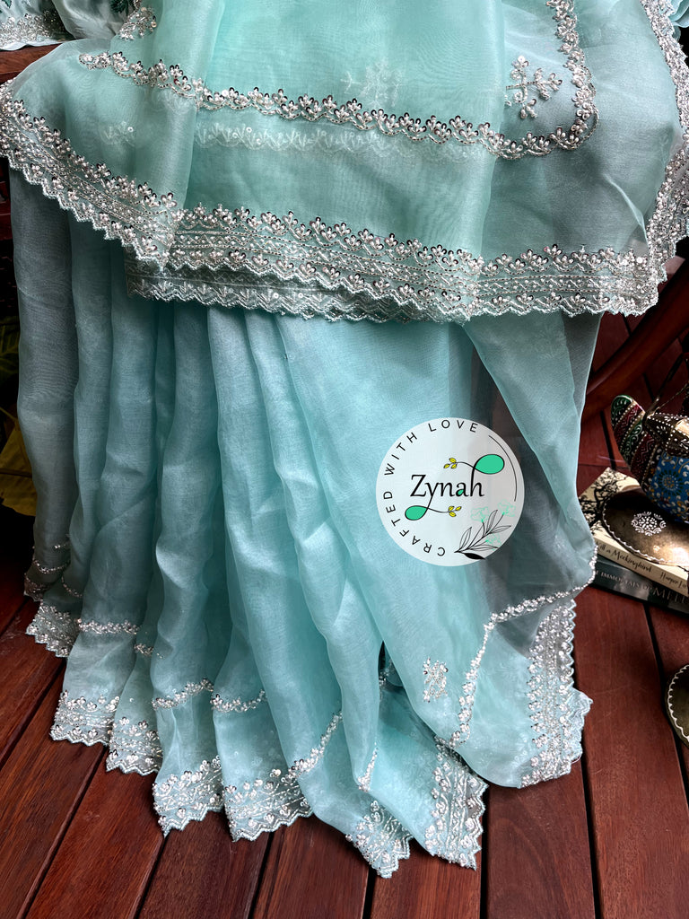 Zynah Sea Green Color Pure Organza Silk Saree with Sequence, Pearls & Cut-dana Work; Custom Stitched/Ready-made Blouse, Fall, Petticoat; Shipping available USA, Worldwide