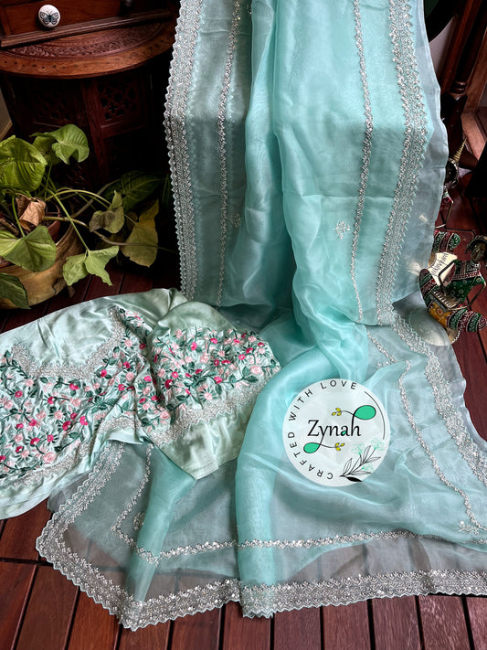 Zynah Sea Green Color Pure Organza Silk Saree with Sequence, Pearls & Cut-dana Work; Custom Stitched/Ready-made Blouse, Fall, Petticoat; Shipping available USA, Worldwide