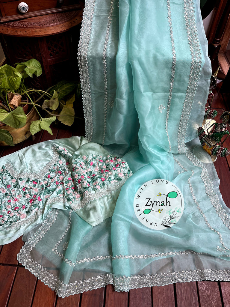 Zynah Sea Green Color Pure Organza Silk Saree with Sequence, Pearls & Cut-dana Work; Custom Stitched/Ready-made Blouse, Fall, Petticoat; Shipping available USA, Worldwide
