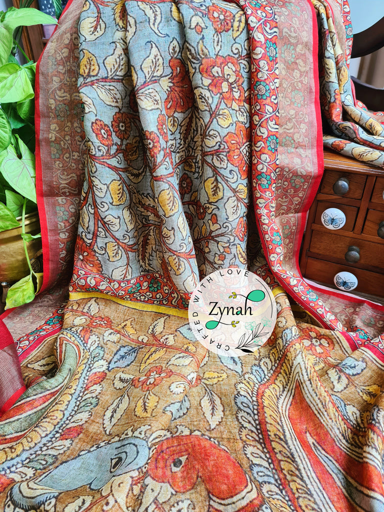 Zynah Blue Color Kalamkari Organic Lab Tested 120 Count pure 'Linen by Linen' Saree; Custom Stitched/Ready-made Blouse, Fall, Petticoat; Shipping available USA, Worldwide