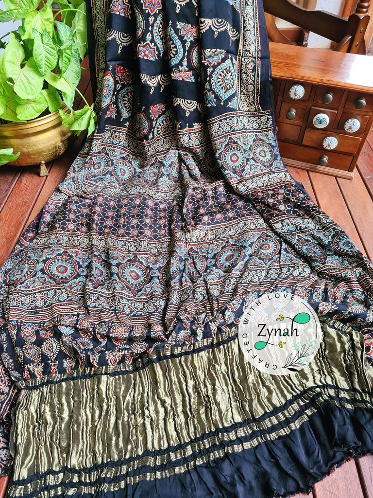 Zynah Black Color Pure Modal Silk Ajrakh Saree with Handblock Prints; Custom Stitched/Ready-made Blouse, Fall, Petticoat; Shipping available USA, Worldwide