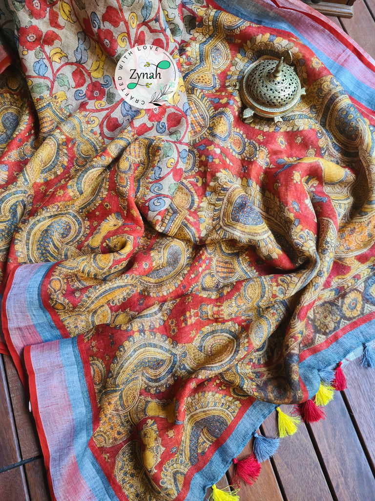 Zynah Beige Color Kalamkari Organic Lab Tested 120 Count pure 'Linen by Linen' Saree; Custom Stitched/Ready-made Blouse, Fall, Petticoat; Shipping available USA, Worldwide