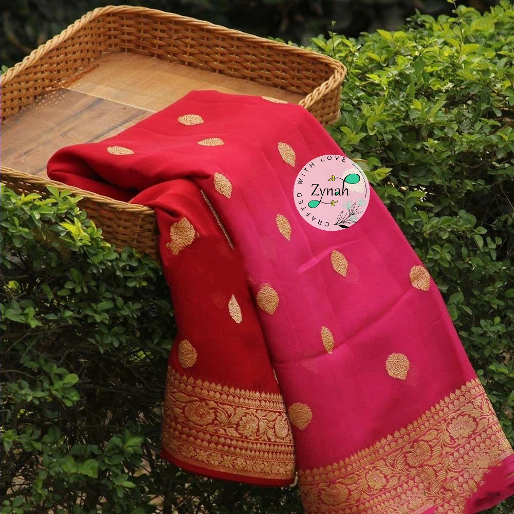 Zynah Pure Banarasi Handloom Khaddi Georgette Double-shaded Saree with Zari Weave; Custom Stitched/Ready-made Blouse, Fall, Petticoat; Shipping available USA, Worldwide