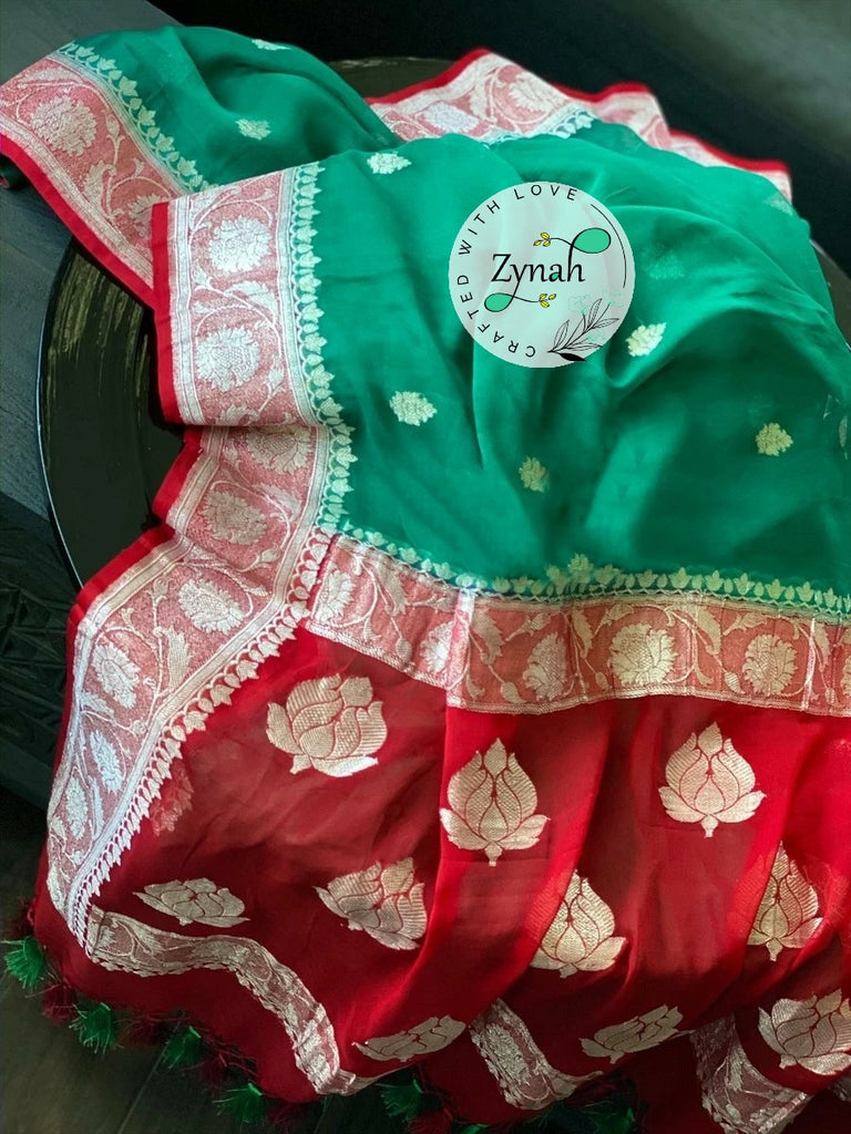 Zynah Pure Banarasi Handloom Khaddi Georgette Saree with Zari Weave; Custom Stitched/Ready-made Blouse, Fall, Petticoat; Shipping available USA, Worldwide