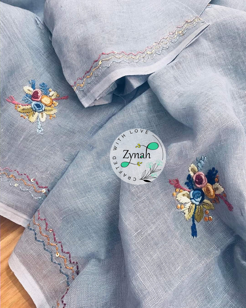 Zynah Pure Linen(120c) Handcrafted Saree with French Knot Hand Embroidery; Custom Stitched/Ready-made Blouse, Fall, Petticoat; Shipping available USA, Worldwide