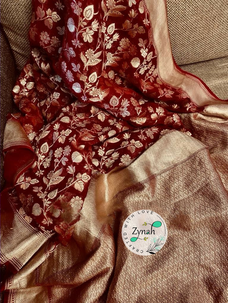 Zynah Pure Khaddi Georgette Saree with Floral Jaal; Custom Stitched/Ready-made Blouse, Fall, Petticoat; Shipping available USA, Worldwide