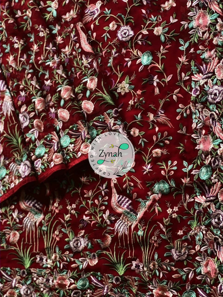 Zynah Pure Georgette Parsi Gara Inspired Embroidery Saree; Custom Stitched/Ready-made Blouse, Fall, Petticoat; Shipping available USA, Worldwide