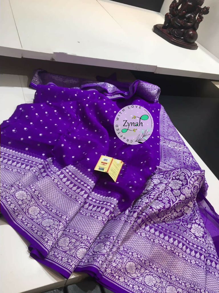 Zynah Pure Khaddi Georgette Saree with Golden Zari Weave; Custom Stitched/Ready-made Blouse, Fall, Petticoat; Shipping available USA, Worldwide