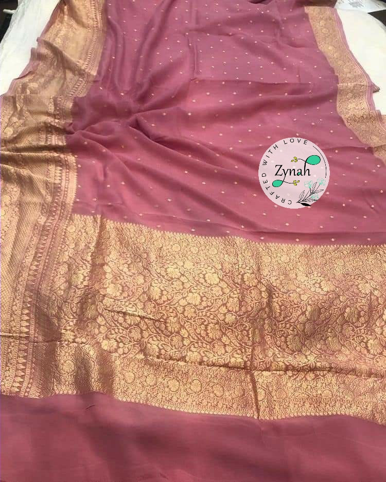 Zynah Pure Khaddi Georgette Saree with Golden Zari Weave; Custom Stitched/Ready-made Blouse, Fall, Petticoat; Shipping available USA, Worldwide